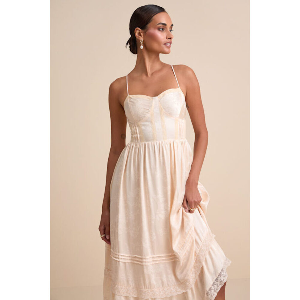 Lulus Sarisha Blush Satin Jacquard Bustier Midi Dress Pink - Size S